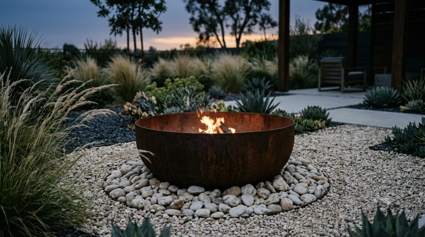 Cor-Ten Steel Fire Bowl in a Gravel Bed